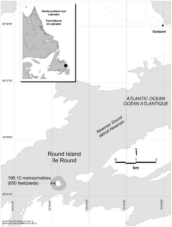 Map of Eastport - Round Island Marine Protected Area with an outlining area of 198.12 metres (650 feet) from Round Island.
