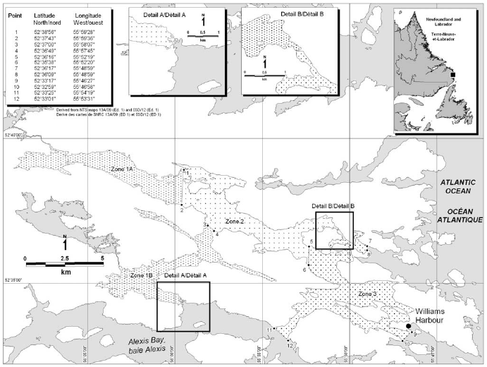 Map of Gilbert Bay Marine Protected Area with latitude and longitude coordinates for twelve points outlining the management zones within the area.