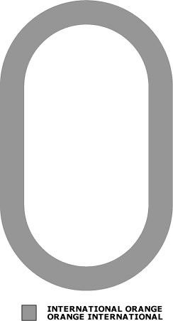 Grey outline of an elongated circle. There is also a grey shade box signifying International Orange.