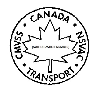 Symbol with the outline of a circle with a maple leaf in the centre as well as the expression “AUTHORIZATION NUMBER” in parentheses inside the maple leaf. The word “CANADA”, the abbreviation “NSVAC”, the word “TRANSPORT” and the abbreviation “CMVSS” appear on the inside curvature of the circle.