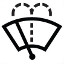 Symbole montrant, en contour, un pare-brise sur lequel repose, en oblique, une ligne représentant un essuie-glace et qui est traversé au centre par une ligne verticale et pointillée qui se divise au-dessus de sa partie supérieure en deux demi-cercles pointillés en directions opposées.