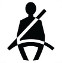 Symbol showing, in silhouette, the front view of a person who is sitting and wearing a seatbelt.