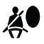 Symbol showing, in silhouette, the front view of a person who is wearing a seatbelt and sitting to the left of a vertical ellipse.