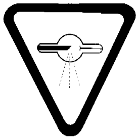 Étiquette de mise en garde qui est décrite par un triangle inversé contenant un tube avec un cercle au centre, émettant des lignes en pointillé, incluant les mots “Attention: Rayons X — Caution: X-Rays”