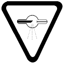 Étiquette de mise en garde qui est décrit par un triangle inversé contenant un tube avec un cercle au centre, émettant des lignes en pointillé, incluant les mots “Attention: Rayons X — Caution: X-Rays”