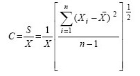Le coefficient de variation, calculé au moyen de l’équation “C est égal à S divisé par X barré lequel est aussi égal à un divisé par X barré multiplié par, ouvrir la parenthèse carrée, somme de i égale à un jusqu`a n, ouvrir la parenthèse, x indice i moins X barré, fermer la parenthèse, au carré, divisé par n moins un, fermer la parenthèse carrée, à la puissance une demie”