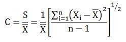 Le coefficient de variation, déterminé selon la formule « C est égal à S divisé par X barre, lequel est aussi égal à un divisé par X barre multiplié par, ouvrir le crochet, la somme de i égale à un jusqu’à n, ouvrir la parenthèse, X indice i moins X barre, fermer la parenthèse, au carré, divisé par n moins un, fermer le crochet, à la puissance une demie ».