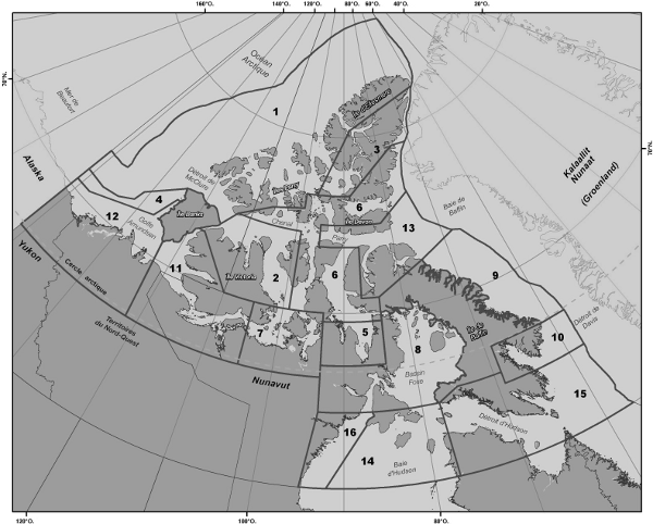 Carte des eaux arctiques du Canada indiquant les seize zones de contrôle de la sécurité de la navigation