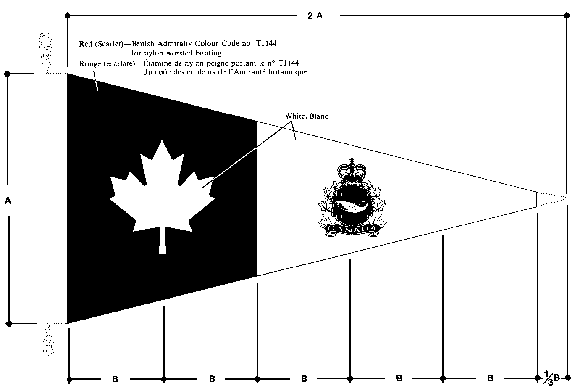 Pennant, with specifications, in the shape of a sideways triangle, pointing right. The left half of the pennant has a white maple leaf on a black background. The right side has a white background and contains a salmon displayed on a fish net of gold mesh over a dark background. The net is framed in a circle of rope which is flanked by four maple leaves on either side. Underlying this, is a banner with the word Canada emblazoned on it. The entire crest is surmounted by the Royal Crown.