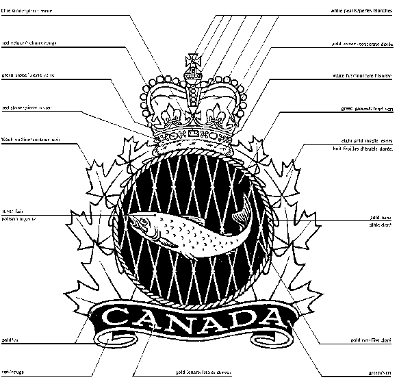 Crest, with specifications. The main part is a salmon displayed on a fish net of gold mesh over a black background. The net is framed in a circle of rope which is flanked by four maple leaves on either side. Underlying this, is a banner with the word Canada emblazoned on it. The entire crest is surmounted by the Royal Crown.