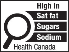 This figure shows a nutrition symbol for the principal display panel that indicates that a prepackaged product is high in saturated fat, sugars and sodium. This symbol is in English only. There is a white rectangular box outlined by a thin black line. At the top of the box is the heading “High in” in black, bold, lower case letters, except that the first letter of the first word is in upper case. Under the heading is a left-justified black magnifying glass with three bars stacked to its right. There is a small amount of white space between the magnifying glass and the left side of the three bars. This left side forms a concave curve that follows the curvature of the magnifying glass. There is a small amount of white space between each bar, as well as between the right side of the bars and the thin black line that outlines the box. The first bar is black and contains the words “Sat fat” in white, bold, lower case letters, except that the first letter of the first word is in upper case. The second bar is black and contains the word “Sugars” in white, bold, lower case letters, except that the first letter is in upper case. The third bar is black and contains the word “Sodium” in white, bold, lower case letters, except that the first letter is in upper case. Centred at the bottom of the box are the words “Health Canada” in black, lower case letters, except that the first letter of each word is in upper case.