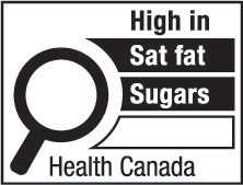 This figure shows a nutrition symbol for the principal display panel that indicates that a prepackaged product is high in saturated fat and sugars. This symbol is in English only. There is a white rectangular box outlined by a thin black line. At the top of the box is the heading “High in” in black, bold, lower case letters, except that the first letter of the first word is in upper case. Under the heading is a left-justified black magnifying glass with three bars stacked to its right. There is a small amount of white space between the magnifying glass and the left side of the three bars. This left side forms a concave curve that follows the curvature of the magnifying glass. There is a small amount of white space between each bar, as well as between the right side of the bars and the thin black line that outlines the box. The first bar is black and contains the words “Sat fat” in white, bold, lower case letters, except that the first letter of the first word is in upper case. The second bar is black and contains the word “Sugars” in white, bold, lower case letters, except that the first letter is in upper case. The third bar is white, is outlined by a thin black line and contains no words. Centred at the bottom of the box are the words “Health Canada” in black, lower case letters, except that the first letter of each word is in upper case.