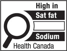 This figure shows a nutrition symbol for the principal display panel that indicates that a prepackaged product is high in saturated fat and sodium. This symbol is in English only. There is a white rectangular box outlined by a thin black line. At the top of the box is the heading “High in” in black, bold, lower case letters, except that the first letter of the first word is in upper case. Under the heading is a left-justified black magnifying glass with three bars stacked to its right. There is a small amount of white space between the magnifying glass and the left side of the three bars. This left side forms a concave curve that follows the curvature of the magnifying glass. There is a small amount of white space between each bar, as well as between the right side of the bars and the thin black line that outlines the box. The first bar is black and contains the words “Sat fat” in white, bold, lower case letters, except that the first letter of the first word is in upper case. The second bar is white, is outlined by a thin black line and contains no words. The third bar is black and contains the word “Sodium” in white, bold, lower case letters, except that the first letter is in upper case. Centred at the bottom of the box are the words “Health Canada” in black, lower case letters, except that the first letter of each word is in upper case.
