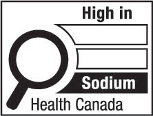 This figure shows a nutrition symbol for the principal display panel that indicates that a prepackaged product is high in sodium. This symbol is in English only. There is a white rectangular box outlined by a thin black line. At the top of the box is the heading “High in” in black, bold, lower case letters, except that the first letter of the first word is in upper case. Under the heading is a left-justified black magnifying glass with three bars stacked to its right. There is a small amount of white space between the magnifying glass and the left side of the three bars. This left side forms a concave curve that follows the curvature of the magnifying glass. There is a small amount of white space between each bar, as well as between the right side of the bars and the thin black line that outlines the box. The first and second bars are white, are outlined by a thin black line and contain no words. The third bar is black and contains the word “Sodium” in white, bold, lower case letters, except that the first letter is in upper case. Centred at the bottom of the box are the words “Health Canada” in black, lower case letters, except that the first letter of each word is in upper case.