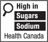 This figure shows a nutrition symbol for the principal display panel that indicates that a prepackaged product is high in sugars and sodium. This symbol is in English only. There is a white rectangular box outlined by a thin black line. At the top left of the box is a black magnifying glass. To the right of the magnifying glass is the heading “High in” in black, bold, lower case letters, except that the first letter of the first word is in upper case. Under the heading are two bars that are stacked. There is a small amount of white space between each bar, as well as between the right side of the bars and the thin black line that outlines the box. The first bar is black and contains the word “Sugars” in white, bold, lower case letters, except that the first letter is in upper case. The second bar is black and contains the word “Sodium” in white, bold, lower case letters, except that the first letter is in upper case. Centred at the bottom of the box are the words “Health Canada” in black, lower case letters, except that the first letter of each word is in upper case.
