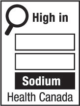 This figure shows a nutrition symbol for the principal display panel that indicates that a prepackaged product is high in sodium. This symbol is in English only. There is a white rectangular box outlined by a thin black line. At the top left of the box is a black magnifying glass. To the right of the magnifying glass is the heading “High in” in black, bold, lower case letters, except that the first letter of the first word is in upper case. Under the heading are three bars that are stacked. There is a small amount of white space between each bar, as well as between both ends of the bars and the thin black line that outlines the box. The first and second bars are white, are outlined by a thin black line and contain no words. The third bar is black and contains the word “Sodium” in white, bold, lower case letters, except that the first letter is in upper case. Centred at the bottom of the box are the words “Health Canada” in black, lower case letters, except that the first letter of each word is in upper case.