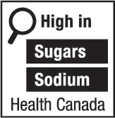 This figure shows a nutrition symbol for the principal display panel that indicates that a prepackaged product is high in sugars and sodium. This symbol is in English only. There is a white rectangular box outlined by a thin black line. At the top left of the box is a black magnifying glass. To the right of the magnifying glass is the heading “High in” in black, bold, lower case letters, except that the first letter of the first word is in upper case. Under the heading are two bars that are stacked. There is a small amount of white space between each bar, as well as between both ends of the bars and the thin black line that outlines the box. The first bar is black and contains the word “Sugars” in white, bold, lower case letters, except that the first letter is in upper case. The second bar is black and contains the word “Sodium” in white, bold, lower case letters, except that the first letter is in upper case. Centred at the bottom of the box are the words “Health Canada” in black, lower case letters, except that the first letter of each word is in upper case.