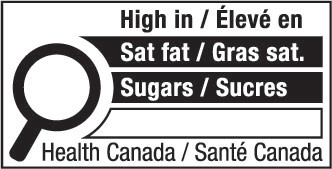 This figure shows a nutrition symbol for the principal display panel that indicates that a prepackaged product is high in saturated fat and sugars. This symbol is bilingual, with the English text shown first, followed by the French text. There is a white rectangular box outlined by a thin black line. At the top of the box is a heading composed of the words “High in” followed by a forward slash and the words “Élevé en” in black, bold, lower case letters, except that the first letter of the words “High” and “Élevé” are in upper case. Under the heading is a left-justified black magnifying glass with three bars stacked to its right. There is a small amount of white space between the magnifying glass and the left side of the three bars. This left side forms a concave curve that follows the curvature of the magnifying glass. There is a small amount of white space between each bar, as well as between the right side of the bars and the thin black line that outlines the box. The first bar is black and contains the words “Sat fat” followed by a forward slash and the words “Gras sat.” in white, bold, lower case letters, except that the first letter of the words “Sat” and “Gras” are in upper case. The second bar is black and contains the word “Sugars” followed by a forward slash and the word “Sucres” in white, bold, lower case letters, except that the first letter of each word is in upper case. The third bar is white, is outlined by a thin black line and contains no words. Centred at the bottom of the box are the words “Health Canada” followed by a forward slash and the words “Santé Canada” in black, lower case letters, except that the first letter of each word is in upper case.