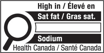 This figure shows a nutrition symbol for the principal display panel that indicates that a prepackaged product is high in saturated fat and sodium. This symbol is bilingual, with the English text shown first, followed by the French text. There is a white rectangular box outlined by a thin black line. At the top of the box is a heading composed of the words “High in” followed by a forward slash and the words “Élevé en” in black, bold, lower case letters, except that the first letter of the words “High” and “Élevé” are in upper case. Under the heading is a left-justified black magnifying glass with three bars stacked to its right. There is a small amount of white space between the magnifying glass and the left side of the three bars. This left side forms a concave curve that follows the curvature of the magnifying glass. There is a small amount of white space between each bar, as well as between the right side of the bars and the thin black line that outlines the box. The first bar is black and contains the words “Sat fat” followed by a forward slash and the words “Gras sat.” in white, bold, lower case letters, except that the first letter of the words “Sat” and “Gras” are in upper case. The second bar is white, is outlined by a thin black line and contains no words. The third bar is black and contains the word “Sodium” in white, bold, lower case letters, except that the first letter is in upper case. Centred at the bottom of the box are the words “Health Canada” followed by a forward slash and the words “Santé Canada” in black, lower case letters, except that the first letter of each word is in upper case.