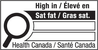This figure shows a nutrition symbol for the principal display panel that indicates that a prepackaged product is high in saturated fat. This symbol is bilingual, with the English text shown first, followed by the French text. There is a white rectangular box outlined by a thin black line. At the top of the box is a heading composed of the words “High in” followed by a forward slash and the words “Élevé en” in black, bold, lower case letters, except that the first letter of the words “High” and “Élevé” are in upper case. Under the heading is a left-justified black magnifying glass with three bars stacked to its right. There is a small amount of white space between the magnifying glass and the left side of the three bars. This left side forms a concave curve that follows the curvature of the magnifying glass. There is a small amount of white space between each bar, as well as between the right side of the bars and the thin black line that outlines the box. The first bar is black and contains the words “Sat fat” followed by a forward slash and the words “Gras sat.” in white, bold, lower case letters, except that the first letter of the words “Sat” and “Gras” are in upper case. The second and third bars are white, are outlined by a thin black line and contain no words. Centred at the bottom of the box are the words “Health Canada” followed by a forward slash and the words “Santé Canada” in black, lower case letters, except that the first letter of each word is in upper case.