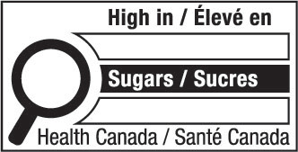 This figure shows a nutrition symbol for the principal display panel that indicates that a prepackaged product is high in sugars. This symbol is bilingual, with the English text shown first, followed by the French text. There is a white rectangular box outlined by a thin black line. At the top of the box is a heading composed of the words “High in” followed by a forward slash and the words “Élevé en” in black, bold, lower case letters, except that the first letter of the words “High” and “Élevé” are in upper case. Under the heading is a left-justified black magnifying glass with three bars stacked to its right. There is a small amount of white space between the magnifying glass and the left side of the three bars. This left side forms a concave curve that follows the curvature of the magnifying glass. There is a small amount of white space between each bar, as well as between the right side of the bars and the thin black line that outlines the box. The first and third bars are white, are outlined by a thin black line and contain no words. The second bar is black and contains the word “Sugars” followed by a forward slash and the word “Sucres” in white, bold, lower case letters, except that the first letter of each word is in upper case. Centred at the bottom of the box are the words “Health Canada” followed by a forward slash and the words “Santé Canada” in black, lower case letters, except that the first letter of each word is in upper case.