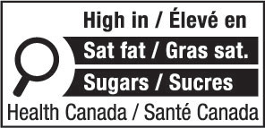 This figure shows a nutrition symbol for the principal display panel that indicates that a prepackaged product is high in saturated fat and sugars. This symbol is bilingual, with the English text shown first, followed by the French text. There is a white rectangular box outlined by a thin black line. At the top of the box is a heading composed of the words “High in” followed by a forward slash and the words “Élevé en” in black, bold, lower case letters, except that the first letter of the words “High” and “Élevé” are in upper case. Under the heading is a left-justified black magnifying glass with two bars stacked to its right. There is a small amount of white space between the magnifying glass and the left side of the two bars. The left side of the two bars forms a concave curve that follows the curvature of the magnifying glass. There is a small amount of white space between each bar, as well as between the right side of the bars and the thin black line that outlines the box. The first bar is black and contains the words “Sat fat” followed by a forward slash and the words “Gras sat.” in white, bold, lower case letters, except that the first letter of the words “Sat” and “Gras” are in upper case. The second bar is black and contains the word “Sugars” followed by a forward slash and the word “Sucres” in white, bold, lower case letters, except that the first letter of each word is in upper case. Centred at the bottom of the box are the words “Health Canada” followed by a forward slash and the words “Santé Canada” in black, lower case letters, except that the first letter of each word is in upper case.