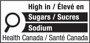 This figure shows a nutrition symbol for the principal display panel that indicates that a prepackaged product is high in sugars and sodium. This symbol is bilingual, with the English text shown first, followed by the French text. There is a white rectangular box outlined by a thin black line. At the top of the box is a heading composed of the words “High in” followed by a forward slash and the words “Élevé en” in black, bold, lower case letters, except that the first letter of the words “High” and “Élevé” are in upper case. Under the heading is a left-justified black magnifying glass with two bars stacked to its right. There is a small amount of white space between the magnifying glass and the left side of the two bars. The left side of the two bars forms a concave curve that follows the curvature of the magnifying glass. There is a small amount of white space between each bar, as well as between the right side of the bars and the thin black line that outlines the box. The first bar is black and contains the word “Sugars” followed by a forward slash and the word “Sucres” in white, bold, lower case letters, except that the first letter of each word is in upper case. The second bar is black and contains the word “Sodium” in white, bold, lower case letters, except that the first letter is in upper case. Centred at the bottom of the box are the words “Health Canada” followed by a forward slash and the words “Santé Canada” in black, lower case letters, except that the first letter of each word is in upper case.