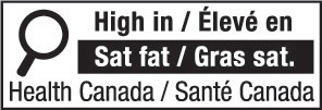 This figure shows a nutrition symbol for the principal display panel that indicates that a prepackaged product is high in saturated fat. This symbol is bilingual, with the English text shown first, followed by the French text. There is a white rectangular box outlined by a thin black line. At the top left of the box is a black magnifying glass. To the right of the magnifying glass is a heading composed of the words “High in” followed by a forward slash and the words “Élevé en” in black, bold, lower case letters, except that the first letter of the words “High” and “Élevé” are in upper case. Under the heading is one horizontal bar. There is a small amount of white space between the right side of the bar and the thin black line that outlines the box. The bar is black and contains the words “Sat fat” followed by a forward slash and the words “Gras sat.” in white, bold, lower case letters, except that the first letter of the words “Sat” and “Gras” are in upper case. Centred at the bottom of the box are the words “Health Canada” followed by a forward slash and the words “Santé Canada” in black, lower case letters, except that the first letter of each word is in upper case.