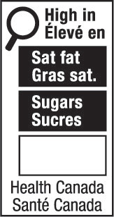 This figure shows a nutrition symbol for the principal display panel that indicates that a prepackaged product is high in saturated fat and sugars. This symbol is bilingual, with the English text shown first, followed by the French text. There is a white rectangular box outlined by a thin black line. At the top left of the box is a black magnifying glass. To the right of the magnifying glass is a heading composed of the words “High in” above the words “Élevé en” in black, bold, lower case letters, except that the first letter of the words “High” and “Élevé” are in upper case. Under the heading are three bars that are stacked. There is a small amount of white space between each bar, as well as between both ends of the bars and the thin black line that outlines the box. The first bar is black and contains the words “Sat fat” above the words “Gras sat.” in white, bold, lower case letters, except that the first letter of the words “Sat” and “Gras” are in upper case. The second bar is black and contains the word “Sugars” above the word “Sucres” in white, bold, lower case letters, except that the first letter of each word is in upper case. The third bar is white, is outlined by a thin black line and contains no words. Centred at the bottom of the box are the words “Health Canada” above the words “Santé Canada” in black, lower case letters, except that the first letter of each word is in upper case.
