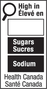 This figure shows a nutrition symbol for the principal display panel that indicates that a prepackaged product is high in sugars and sodium. This symbol is bilingual, with the English text shown first, followed by the French text. There is a white rectangular box outlined by a thin black line. At the top left of the box is a black magnifying glass. To the right of the magnifying glass is a heading composed of the words “High in” above the words “Élevé en” in black, bold, lower case letters, except that the first letter of the words “High” and “Élevé” are in upper case. Under the heading are three bars that are stacked. There is a small amount of white space between each bar, as well as between both ends of the bars and the thin black line that outlines the box. The first bar is white, is outlined by a thin black line and contains no words. The second bar is black and contains the word “Sugars” above the word “Sucres” in white, bold, lower case letters, except that the first letter of each word is in upper case. The third bar is black and contains the word “Sodium” in white, bold, lower case letters, except that the first letter is in upper case. Centred at the bottom of the box are the words “Health Canada” above the words “Santé Canada” in black, lower case letters, except that the first letter of each word is in upper case.