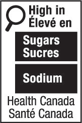 This figure shows a nutrition symbol for the principal display panel that indicates that a prepackaged product is high in sugars and sodium. This symbol is bilingual, with the English text shown first, followed by the French text. There is a white rectangular box outlined by a thin black line. At the top left of the box is a black magnifying glass. To the right of the magnifying glass is a heading composed of the words “High in” above the words “Élevé en” in black, bold, lower case letters, except that the first letter of the words “High” and “Élevé” are in upper case. Under the heading are two bars that are stacked. There is a small amount of white space between each bar, as well as between both ends of the bars and the thin black line that outlines the box. The first bar is black and contains the word “Sugars” above the word “Sucres” in white, bold, lower case letters, except that the first letter of each word is in upper case. The second bar is black and contains the word “Sodium” in white, bold, lower case letters, except that the first letter is in upper case. Centred at the bottom of the box are the words “Health Canada” above the words “Santé Canada” in black, lower case letters, except that the first letter of each word is in upper case.