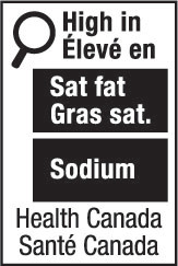 This figure shows a nutrition symbol for the principal display panel that indicates that a prepackaged product is high in saturated fat and sodium. This symbol is bilingual, with the English text shown first, followed by the French text. There is a white rectangular box outlined by a thin black line. At the top left of the box is a black magnifying glass. To the right of the magnifying glass is a heading composed of the words “High in” above the words “Élevé en” in black, bold, lower case letters, except that the first letter of the words “High” and “Élevé” are in upper case. Under the heading are two bars that are stacked. There is a small amount of white space between each bar, as well as between both ends of the bars and the thin black line that outlines the box. The first bar is black and contains the words “Sat fat” above the words “Gras sat.” in white, bold, lower case letters, except that the first letter of the words “Sat” and “Gras” are in upper case. The second bar is black and contains the word “Sodium” in white, bold, lower case letters, except that the first letter is in upper case. Centred at the bottom of the box are the words “Health Canada” above the words “Santé Canada” in black, lower case letters, except that the first letter of each word is in upper case.