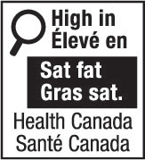 This figure shows a nutrition symbol for the principal display panel that indicates that a prepackaged product is high in saturated fat. This symbol is bilingual, with the English text shown first, followed by the French text. There is a white rectangular box outlined by a thin black line. At the top left of the box is a black magnifying glass. To the right of the magnifying glass is a heading composed of the words “High in” above the words “Élevé en” in black, bold, lower case letters, except that the first letter of the words “High” and “Élevé” are in upper case. Under the heading is one horizontal bar. There is a small amount of white space between both ends of the bar and the thin black line that outlines the box. The bar is black and contains the words “Sat fat” above the words “Gras sat.” in white, bold, lower case letters, except that the first letter of the words “Sat” and “Gras” are in upper case. Centred at the bottom of the box are the words “Health Canada” above the words “Santé Canada” in black, lower case letters, except that the first letter of each word is in upper case.