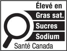 This figure shows a nutrition symbol for the principal display panel that indicates that a prepackaged product is high in saturated fat, sugars and sodium. This symbol is in French only. There is a white rectangular box outlined by a thin black line. At the top of the box is the heading “Élevé en” in black, bold, lower case letters, except that the first letter of the first word is in upper case. Under the heading is a left-justified black magnifying glass with three bars stacked to its right. There is a small amount of white space between the magnifying glass and the left side of the three bars. This left side forms a concave curve that follows the curvature of the magnifying glass. There is a small amount of white space between each bar, as well as between the right side of the bars and the thin black line that outlines the box. The first bar is black and contains the words “Gras sat.” in white, bold, lower case letters, except that the first letter of the first word is in upper case. The second bar is black and contains the word “Sucres” in white, bold, lower case letters, except that the first letter is in upper case. The third bar is black and contains the word “Sodium” in white, bold, lower case letters, except that the first letter is in upper case. Centred at the bottom of the box are the words “Santé Canada” in black, lower case letters, except that the first letter of each word is in upper case.