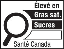 This figure shows a nutrition symbol for the principal display panel that indicates that a prepackaged product is high in saturated fat and sugars. This symbol is in French only. There is a white rectangular box outlined by a thin black line. At the top of the box is the heading “Élevé en” in black, bold, lower case letters, except that the first letter of the first word is in upper case. Under the heading is a left-justified black magnifying glass with three bars stacked to its right. There is a small amount of white space between the magnifying glass and the left side of the three bars. This left side forms a concave curve that follows the curvature of the magnifying glass. There is a small amount of white space between each bar, as well as between the right side of the bars and the thin black line that outlines the box. The first bar is black and contains the words “Gras sat.” in white, bold, lower case letters, except that the first letter of the first word is in upper case. The second bar is black and contains the word “Sucres” in white, bold, lower case letters, except that the first letter is in upper case. The third bar is white, is outlined by a thin black line and contains no words. Centred at the bottom of the box are the words “Santé Canada” in black, lower case letters, except that the first letter of each word is in upper case.