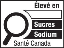 This figure shows a nutrition symbol for the principal display panel that indicates that a prepackaged product is high in sugars and sodium. This symbol is in French only. There is a white rectangular box outlined by a thin black line. At the top of the box is the heading “Élevé en” in black, bold, lower case letters, except that the first letter of the first word is in upper case. Under the heading is a left-justified black magnifying glass with three bars stacked to its right. There is a small amount of white space between the magnifying glass and the left side of the three bars. This left side forms a concave curve that follows the curvature of the magnifying glass. There is a small amount of white space between each bar, as well as between the right side of the bars and the thin black line that outlines the box. The first bar is white, is outlined by a thin black line and contains no words. The second bar is black and contains the word “Sucres” in white, bold, lower case letters, except that the first letter is in upper case. The third bar is black and contains the word “Sodium” in white, bold, lower case letters, except that the first letter is in upper case. Centred at the bottom of the box are the words “Santé Canada” in black, lower case letters, except that the first letter of each word is in upper case.