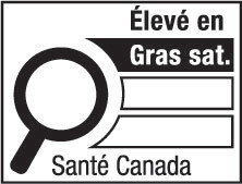 This figure shows a nutrition symbol for the principal display panel that indicates that a prepackaged product is high in saturated fat. This symbol is in French only. There is a white rectangular box outlined by a thin black line. At the top of the box is the heading “Élevé en” in black, bold, lower case letters, except that the first letter of the first word is in upper case. Under the heading is a left-justified black magnifying glass with three bars stacked to its right. There is a small amount of white space between the magnifying glass and the left side of the three bars. This left side forms a concave curve that follows the curvature of the magnifying glass. There is a small amount of white space between each bar, as well as between the right side of the bars and the thin black line that outlines the box. The first bar is black and contains the words “Gras sat.” in white, bold, lower case letters, except that the first letter of the first word is in upper case. The second and third bars are white, are outlined by a thin black line and contain no words. Centred at the bottom of the box are the words “Santé Canada” in black, lower case letters, except that the first letter of each word is in upper case.