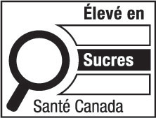 This figure shows a nutrition symbol for the principal display panel that indicates that a prepackaged product is high in sugars. This symbol is in French only. There is a white rectangular box outlined by a thin black line. At the top of the box is the heading “Élevé en” in black, bold, lower case letters, except that the first letter of the first word is in upper case. Under the heading is a left-justified black magnifying glass with three bars stacked to its right. There is a small amount of white space between the magnifying glass and the left side of the three bars. This left side forms a concave curve that follows the curvature of the magnifying glass. There is a small amount of white space between each bar, as well as between the right side of the bars and the thin black line that outlines the box. The first and third bars are white, are outlined by a thin black line and contain no words. The second bar is black and contains the word “Sucres” in white, bold, lower case letters, except that the first letter is in upper case. Centred at the bottom of the box are the words “Santé Canada” in black, lower case letters, except that the first letter of each word is in upper case.