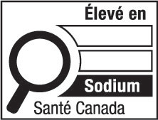 This figure shows a nutrition symbol for the principal display panel that indicates that a prepackaged product is high in sodium. This symbol is in French only. There is a white rectangular box outlined by a thin black line. At the top of the box is the heading “Élevé en” in black, bold, lower case letters, except that the first letter of the first word is in upper case. Under the heading is a left-justified black magnifying glass with three bars stacked to its right. There is a small amount of white space between the magnifying glass and the left side of the three bars. This left side forms a concave curve that follows the curvature of the magnifying glass. There is a small amount of white space between each bar, as well as between the right side of the bars and the thin black line that outlines the box. The first and second bars are white, are outlined by a thin black line and contain no words. The third bar is black and contains the word “Sodium” in white, bold, lower case letters, except that the first letter is in upper case. Centred at the bottom of the box are the words “Santé Canada” in black, lower case letters, except that the first letter of each word is in upper case.