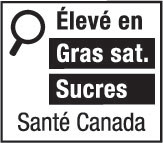 This figure shows a nutrition symbol for the principal display panel that indicates that a prepackaged product is high in saturated fat and sugars. This symbol is in French only. There is a white rectangular box outlined by a thin black line. At the top left of the box is a black magnifying glass. To the right of the magnifying glass is the heading “Élevé en” in black, bold, lower case letters, except that the first letter of the first word is in upper case. Under the heading are two bars that are stacked. There is a small amount of white space between each bar, as well as between the right side of the bars and the thin black line that outlines the box. The first bar is black and contains the words “Gras sat.” in white, bold, lower case letters, except that the first letter of the first word is in upper case. The second bar is black and contains the word “Sucres” in white, bold, lower case letters, except that the first letter is in upper case. Centred at the bottom of the box are the words “Santé Canada” in black, lower case letters, except that the first letter of each word is in upper case.