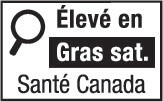 This figure shows a nutrition symbol for the principal display panel that indicates that a prepackaged product is high in saturated fat. This symbol is in French only. There is a white rectangular box outlined by a thin black line. At the top left of the box is a black magnifying glass. To the right of the magnifying glass is the heading “Élevé en” in black, bold, lower case letters, except that the first letter of the first word is in upper case. Under the heading is one horizontal bar. There is a small amount of white space between the right side of the bar and the thin black line that outlines the box. The bar is black and contains the words “Gras sat.” in white, bold, lower case letters, except that the first letter of the first word is in upper case. Centred at the bottom of the box are the words “Santé Canada” in black, lower case letters, except that the first letter of each word is in upper case.