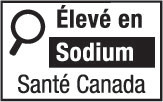 This figure shows a nutrition symbol for the principal display panel that indicates that a prepackaged product is high in sodium. This symbol is in French only. There is a white rectangular box outlined by a thin black line. At the top left of the box is a black magnifying glass. To the right of the magnifying glass is the heading “Élevé en” in black, bold, lower case letters, except that the first letter of the first word is in upper case. Under the heading is one horizontal bar. There is a small amount of white space between the right side of the bar and the thin black line that outlines the box. The bar is black and contains the word “Sodium” in white, bold, lower case letters, except that the first letter is in upper case. Centred at the bottom of the box are the words “Santé Canada” in black, lower case letters, except that the first letter of each word is in upper case.