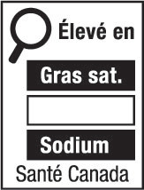 This figure shows a nutrition symbol for the principal display panel that indicates that a prepackaged product is high in saturated fat and sodium. This symbol is in French only. There is a white rectangular box outlined by a thin black line. At the top left of the box is a black magnifying glass. To the right of the magnifying glass is the heading “Élevé en” in black, bold, lower case letters, except that the first letter of the first word is in upper case. Under the heading are three bars that are stacked. There is a small amount of white space between each bar, as well as between both ends of the bars and the thin black line that outlines the box. The first bar is black and contains the words “Gras sat.” in white, bold, lower case letters, except that the first letter of the first word is in upper case. The second bar is white, is outlined by a thin black line and contains no words. The third bar is black and contains the word “Sodium” in white, bold, lower case letters, except that the first letter is in upper case. Centred at the bottom of the box are the words “Santé Canada” in black, lower case letters, except that the first letter of each word is in upper case.