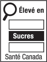 This figure shows a nutrition symbol for the principal display panel that indicates that a prepackaged product is high in sugars. This symbol is in French only. There is a white rectangular box outlined by a thin black line. At the top left of the box is a black magnifying glass. To the right of the magnifying glass is the heading “Élevé en” in black, bold, lower case letters, except that the first letter of the first word is in upper case. Under the heading are three bars that are stacked. There is a small amount of white space between each bar, as well as between both ends of the bars and the thin black line that outlines the box. The first and third bars are white, are outlined by a thin black line and contain no words. The second bar is black and contains the word “Sucres” in white, bold, lower case letters, except that the first letter is in upper case. Centred at the bottom of the box are the words “Santé Canada” in black, lower case letters, except that the first letter of each word is in upper case.