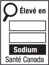 This figure shows a nutrition symbol for the principal display panel that indicates that a prepackaged product is high in sodium. This symbol is in French only. There is a white rectangular box outlined by a thin black line. At the top left of the box is a black magnifying glass. To the right of the magnifying glass is the heading “Élevé en” in black, bold, lower case letters, except that the first letter of the first word is in upper case. Under the heading are three bars that are stacked. There is a small amount of white space between each bar, as well as between both ends of the bars and the thin black line that outlines the box. The first and second bars are white, are outlined by a thin black line and contain no words. The third bar is black and contains the word “Sodium” in white, bold, lower case letters, except that the first letter is in upper case. Centred at the bottom of the box are the words “Santé Canada” in black, lower case letters, except that the first letter of each word is in upper case.
