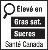 This figure shows a nutrition symbol for the principal display panel that indicates that a prepackaged product is high in saturated fat and sugars. This symbol is in French only. There is a white rectangular box outlined by a thin black line. At the top left of the box is a black magnifying glass. To the right of the magnifying glass is the heading “Élevé en” in black, bold, lower case letters, except that the first letter of the first word is in upper case. Under the heading are two bars that are stacked. There is a small amount of white space between each bar, as well as between both ends of the bars and the thin black line that outlines the box. The first bar is black and contains the words “Gras sat.” in white, bold, lower case letters, except that the first letter of the first word is in upper case. The second bar is black and contains the word “Sucres” in white, bold, lower case letters, except that the first letter is in upper case. Centred at the bottom of the box are the words “Santé Canada” in black, lower case letters, except that the first letter of each word is in upper case.