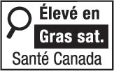 This figure shows a nutrition symbol for the principal display panel that indicates that a prepackaged product is high in saturated fat. This symbol is in French only. There is a white rectangular box outlined by a thin black line. At the top left of the box is a black magnifying glass. To the right of the magnifying glass is the heading “Élevé en” in black, bold, lower case letters, except that the first letter of the first word is in upper case. Under the heading is one horizontal bar. There is a small amount of white space between the right side of the bar and the thin black line that outlines the box. The bar is black and contains the words “Gras sat.” in white, bold, lower case letters, except that the first letter of the first word is in upper case. Centred at the bottom of the box are the words “Santé Canada” in black, lower case letters, except that the first letter of each word is in upper case.