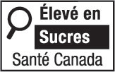 This figure shows a nutrition symbol for the principal display panel that indicates that a prepackaged product is high in sugars. This symbol is in French only. There is a white rectangular box outlined by a thin black line. At the top left of the box is a black magnifying glass. To the right of the magnifying glass is the heading “Élevé en” in black, bold, lower case letters, except that the first letter of the first word is in upper case. Under the heading is one horizontal bar. There is a small amount of white space between the right side of the bar and the thin black line that outlines the box. The bar is black and contains the word “Sucres” in white, bold, lower case letters, except that the first letter is in upper case. Centred at the bottom of the box are the words “Santé Canada” in black, lower case letters, except that the first letter of each word is in upper case.