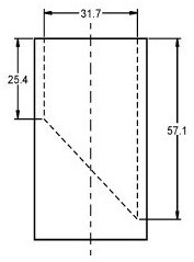Illustration depicting measurements for a small parts cylinder. The small parts cylinder is a hollow cylinder with an inner diameter of 31.7 mm. A plate (or similar device) is placed inside the cylinder at a 45 degree angle such that the minimum depth of the cylinder is 25.4 mm and the maximum depth of the cylinder is 57.1 mm. No specifications are provided for the wall or floor thickness of the cylinder.