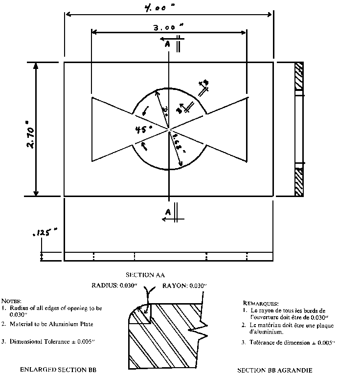Illustration depicting specifications and measurements for a guard template for testing pacifiers. The guard template is a rectangular aluminum plate, 4 inches long, 2.70 inches wide, and 0.125 inches thick. There is an opening in the middle formed by a circle, with two triangles opposed at their summits, in the shape of a bowtie. The length of the opening, from one triangle base to the other, is 3 inches.